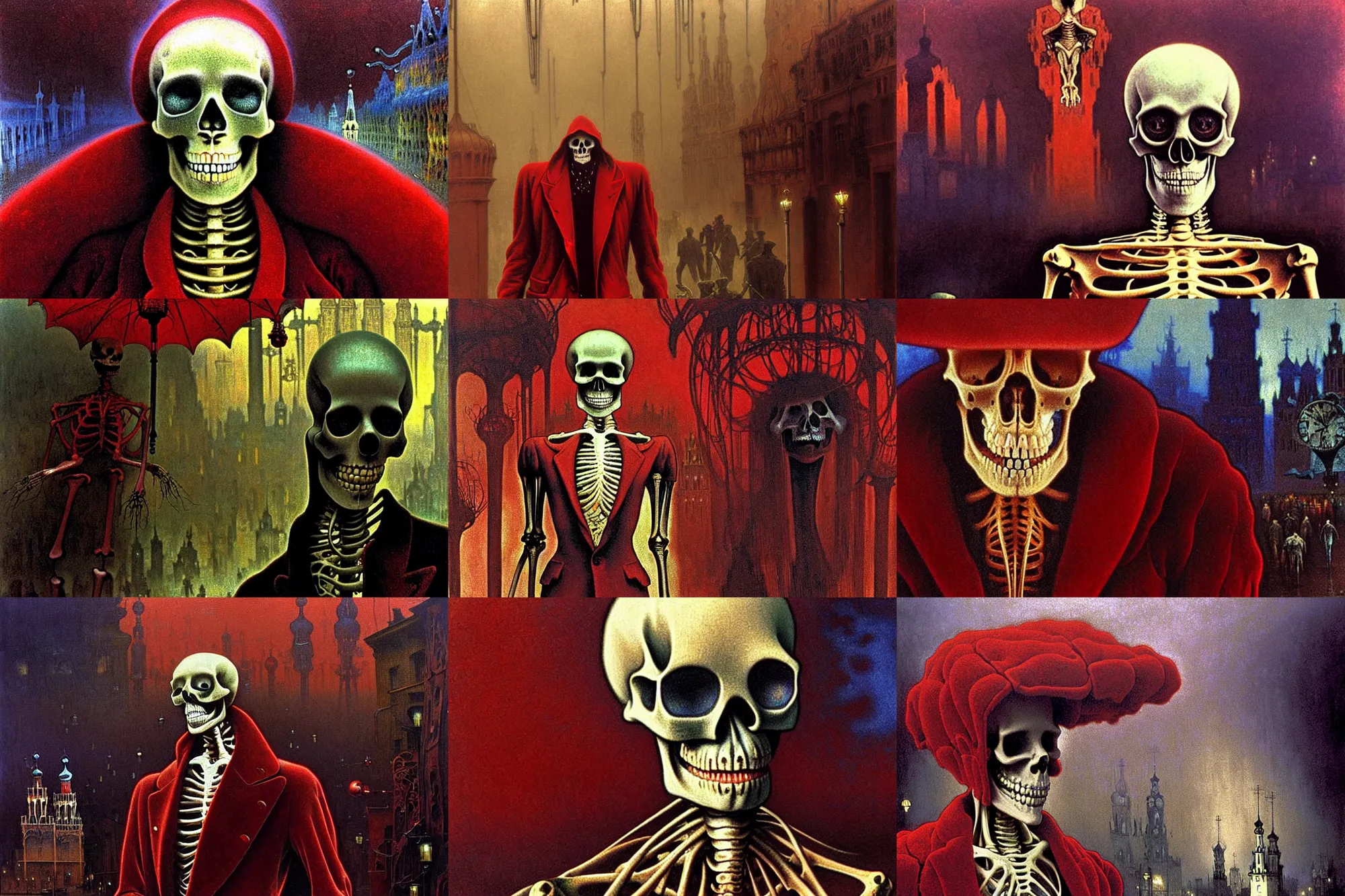 Prompt: realistic extremely detailed movie still closeup portrait of a single skeleton wearing crimson velvet blazer in a foggy crowded futuristic moscow street by denis villenueve, yves tanguy, alphonse mucha, ernst haeckel, jean delville, ilya repin, wayne barlowe, andrei tarkovsky, roger dean, rich moody cold colours, closeup