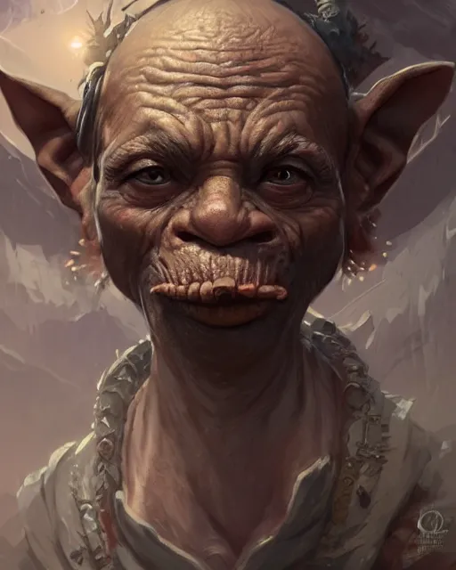 Image similar to A goblin merchant selling treasuries, highly detailed face, close-up, fantasy art, goblin art, in the style of greg rutkowski, illustration, epic, fantasy, intricate, hyper detailed, artstation, concept art, smooth, sharp focus, ray tracing