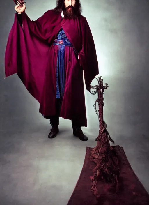 Image similar to full body portrait of a 30 year old RASPUTIN wearing a highly detailed deep purple and crimson robe with cloak holding a sickle in his right hand. Cinematic dynamic lighting with backlight. ACTION POSE. portrait by Annie Leibovitz