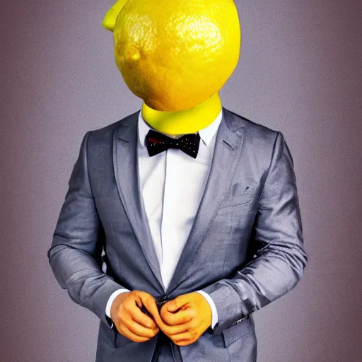 Image similar to A lemon wearing a suit and tie, full body portrait, vintage photo, ultra detailed, creative, dynamic lighting, cinematic, trending on art station