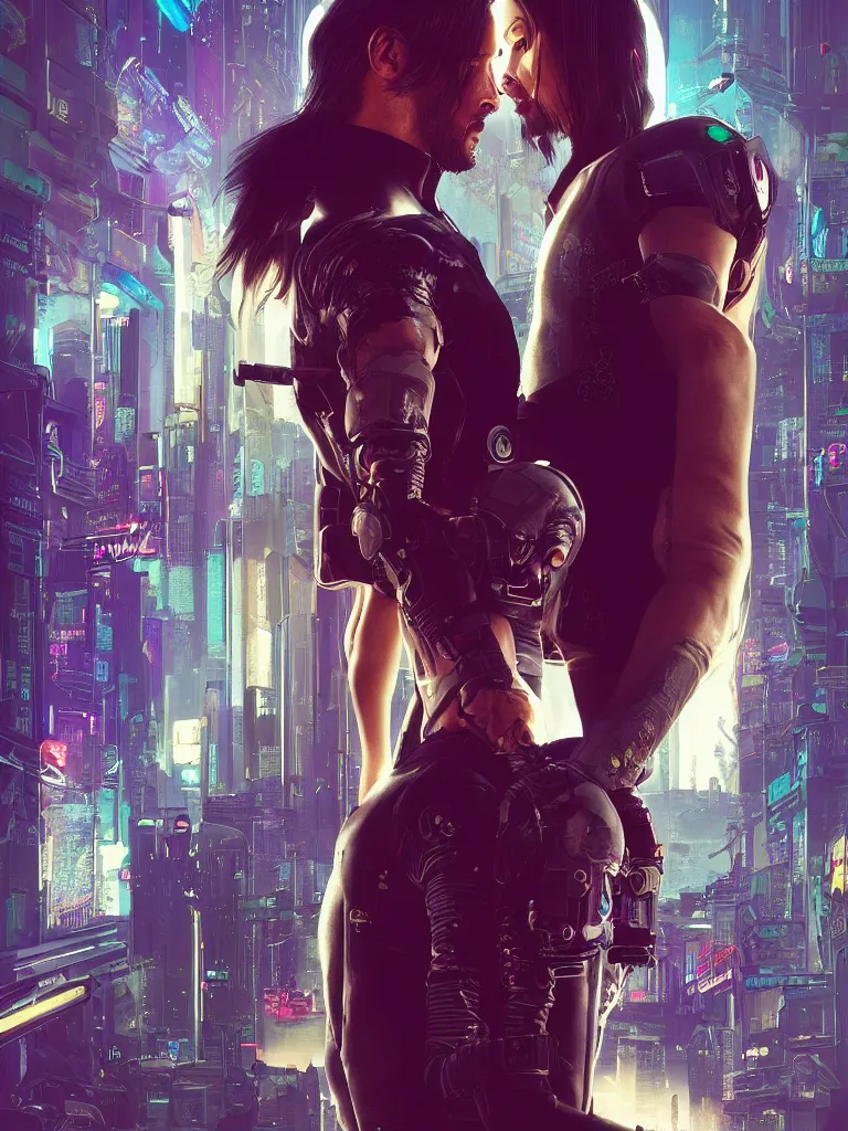 Image similar to a cyberpunk 2077 srcreenshot couple portrait of Keanu Reeves and a female android final kissed in night city,love,film lighting,by Lawrence Alma-Tadema,Andrei Riabovitchev,Laurie Greasley,Dan Mumford,John Wick,Speed,Replicas,artstation,deviantart,FAN ART,full of color,Digital painting,face enhance,highly detailed,8K,octane,golden ratio,cinematic lighting