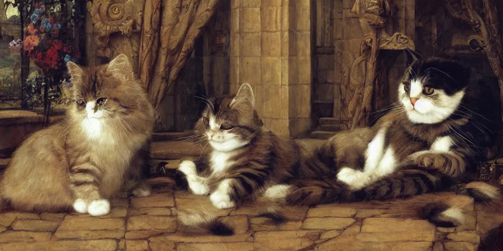 Image similar to 3 d precious moments plush cat, sitting in a castle, realistic fur, master painter and art style of john william waterhouse and caspar david friedrich and philipp otto runge