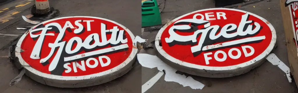 Prompt: fast food logo advertising signs decaying and torn