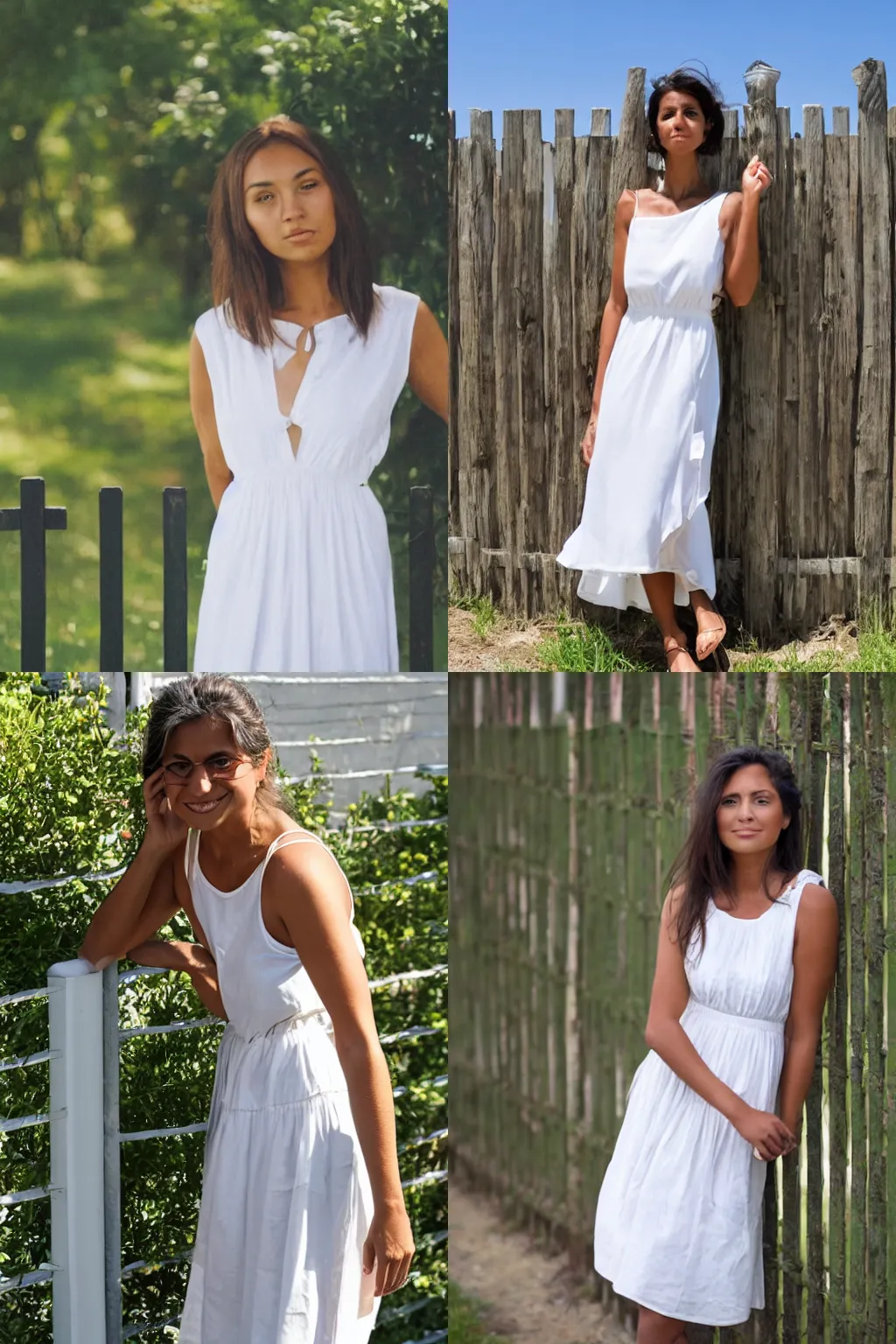 Prompt: a tanned woman in a white summer dress, looking at camera by a fence