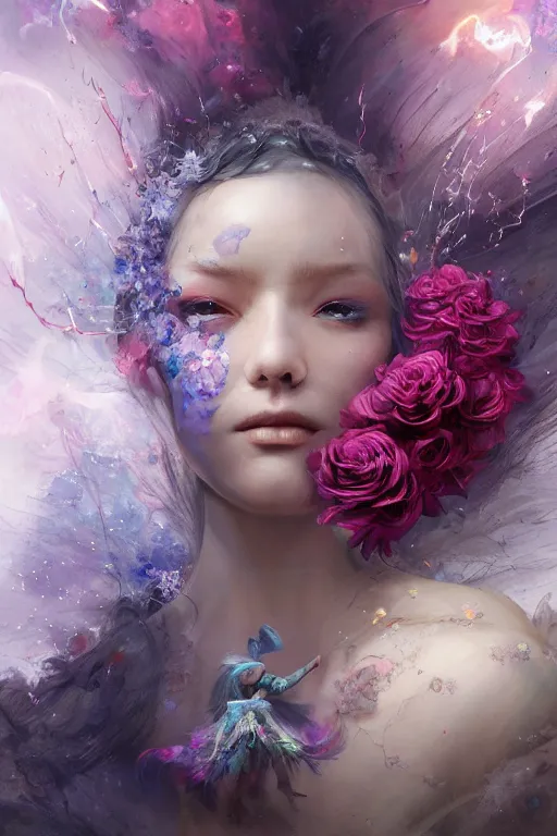 Prompt: face closeup covered with abstract flowers of extremely beautiful girl necromancer, magical fairy flowers and ice velvet, diamonds, angels, 3 d render, hyper - realistic detailed portrait, holding fire and electricity rainbow, ruan jia, wlop. scifi, fantasy, magic the gathering, hyper detailed, octane render, concept art, peter mohrbacher