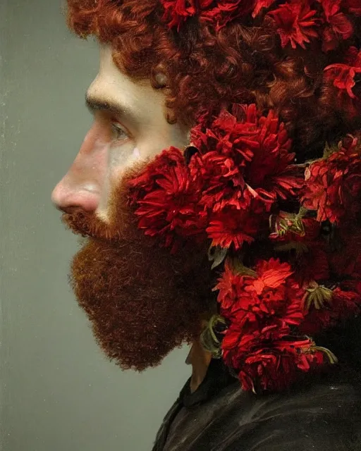Image similar to a man's face in profile, short beard, curly red hair, made of flowers, in the style of the Dutch masters, dark and moody