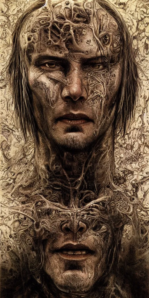 Image similar to portrait of keanu reeves, hyperdetailed, nightmare, abomination, ultrarealistic, by h. r. giger and zdislaw beksinski, science fiction, alien, religious art, mandelbrot fractal, trending on deviantart