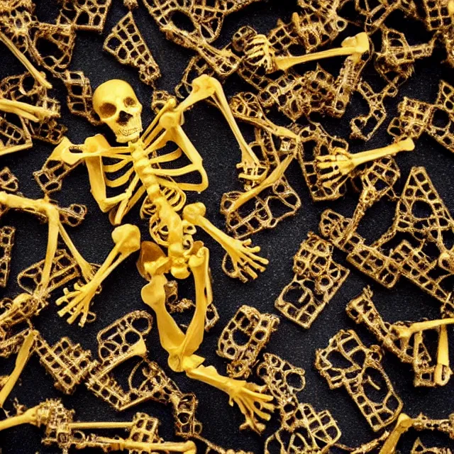 Image similar to golden skeleton being fragmented into tiny pieces