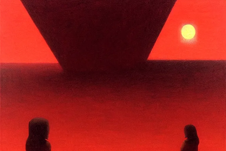 Image similar to only with red, a red shinigami eat apple, a city on mars in background, an ancient path, pathos, in the style of beksinski, part by hopper, part by rodcenko, part by hofbauer, intricate composition, red by caravaggio, insanely quality, highly detailed, masterpiece, red light, artstation