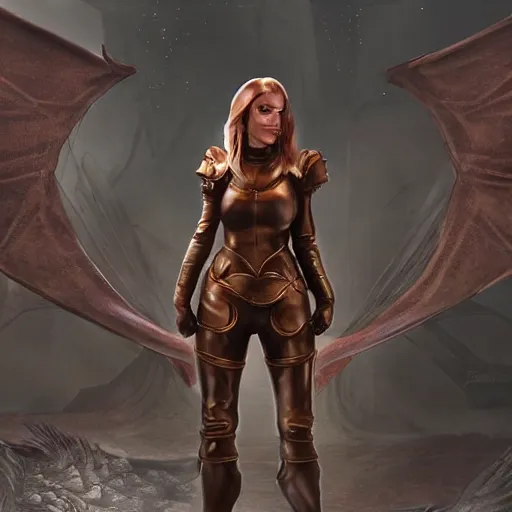 Image similar to a beautiful unexperienced female rogue in a light leather armor who only came to see a dragon, symmetrical, cinematic, real photography