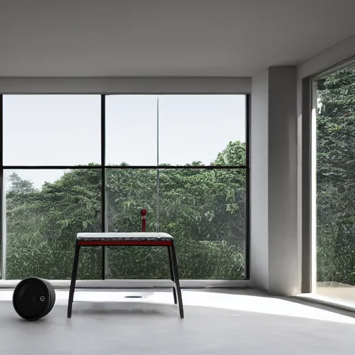 Image similar to brutalist open space home gym, big windows, showing nature landscape on background, minimalist architecture, minimalist furniture, octane render, high quality, 8 k, post production