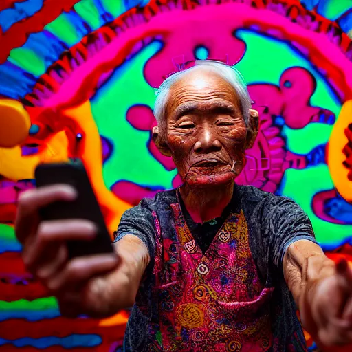 Prompt: selfie old japanese man, psychedelic background, horror