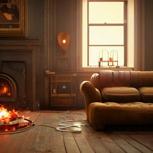Image similar to Lonely and depressed robot sitting on a couch in front of a large fireplace in a Victorian home in the future. octane render, extremely detailed, cinematic lighting, 8k, lens flare, cinematic movie photograph, closeup portrait, trending on artstation, cgsociety, award-winning art, by Simon Stalenhag.