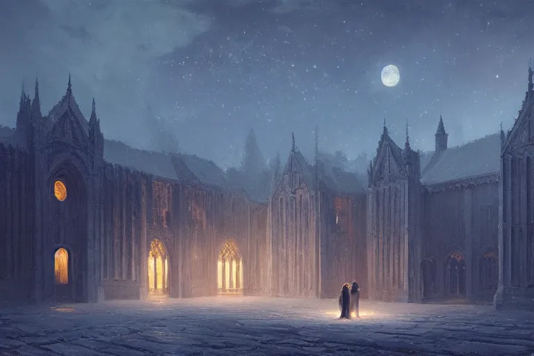 Prompt: a beautiful picture of silent night sky, bright moonlight, empty cloister, two people, by greg rutkowski and thomas kinkade, trending on artstation