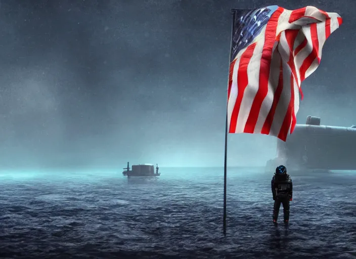 Image similar to astronaut holding a flag in an underwater desert. a submarine is visible in the distance. dark, concept art, cinematic, dramatic, atmospheric, 8 k, trending on artstation, blue, fish, low visibility, fog, ocean floor, christopher nolan, interstellar