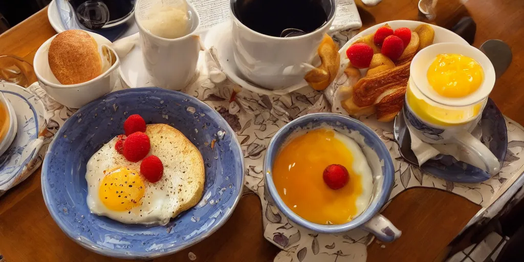 Image similar to photo of breakfast, close - up, low saturation, diffuse light