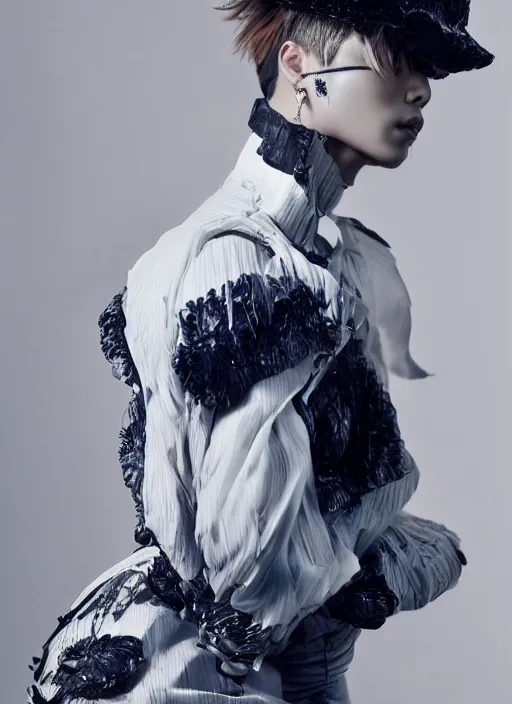 Image similar to jimin styled by nick knight posing, couture, vogue magazine, highly realistic. high resolution. highly detailed. dramatic. 8 k. 4 k.