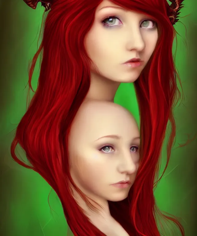 Prompt: Fae teenage girl, portrait, face, long red hair, green highlights, fantasy, intricate, elegant