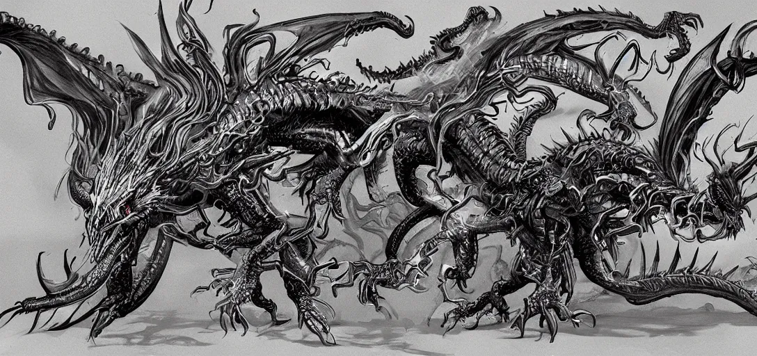 Image similar to concept art of dragon attack, lovecraftian, lots of teeth, melting horror, feathers, fighting the horrors of the unknown with laser guns