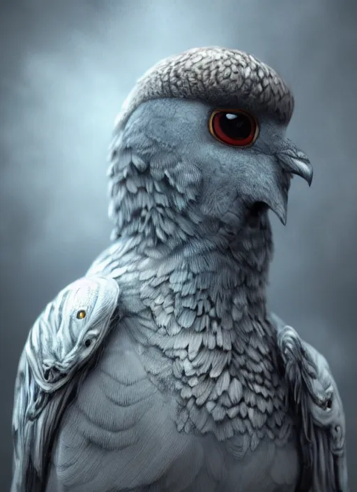 Prompt: A fantasy comic book style portrait painting of a gray pigeon with white eyes as a warrior in a atmospheric dark nest made of cannabis, unreal 5, DAZ, hyperrealistic, octane render, RPG portrait, ambient light, dynamic lighting