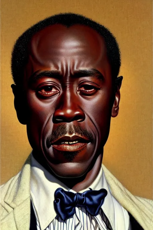 Image similar to don cheadle by gil elvgren and norman rockwell and rob gonsalves and hajime sorayama, hyperrealistic, high detail, ultra detailed, highly detailed face, ruffled fabric