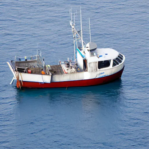 Prompt: uk registered fishing vessel, trawler, at sea, aerial photo