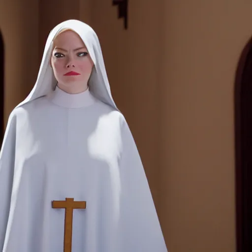 Image similar to A full body shot of Emma Stone dressed as a nun , catholic , high quality, fully detailed, 4k, in focus, detailed eyes