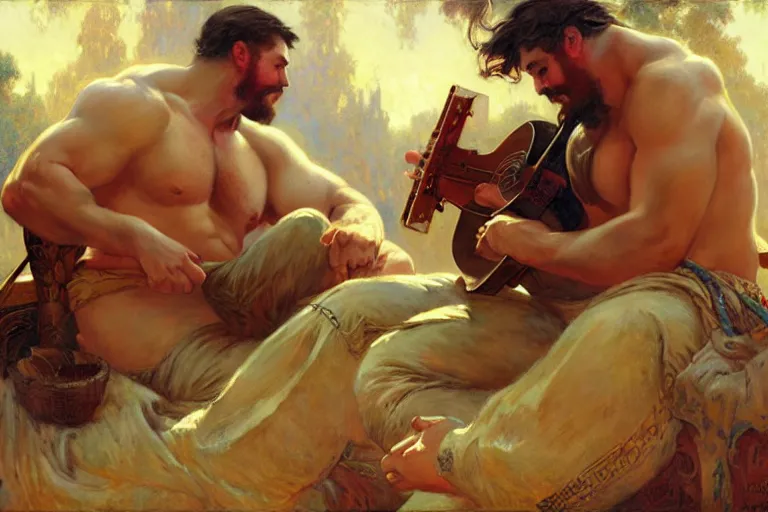 Image similar to 2 beefy attractive men playing music, painting by gaston bussiere, craig mullins, greg rutkowski, alphonse mucha