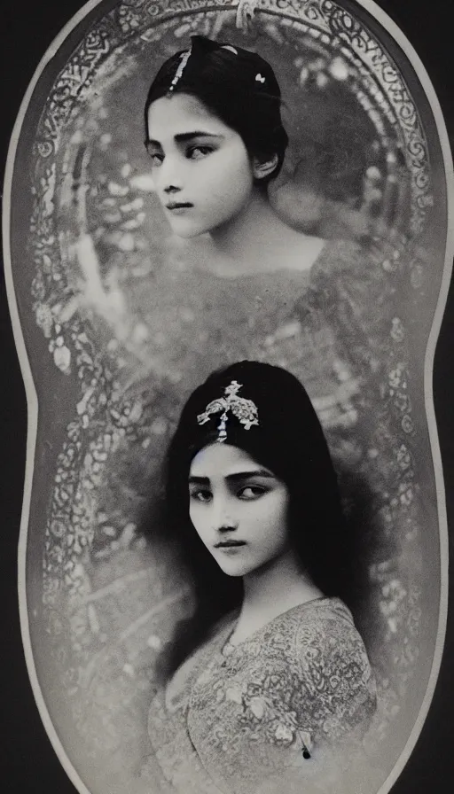 Image similar to vintage portrait photo of a beautiful beautifully lit nepalese Victorian woman by alphonse mucha