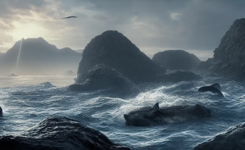 Prompt: whales breaching, directed by charlie kaufman ( 2 0 0 1 ) anamorphic lenses, a rocky shore in the foreground, foggy volumetric light morning, a beam of light from the heavens, cinematic trending on artstation in the style of greg rutkowski