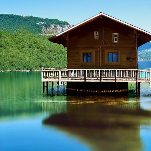 Image similar to lake cabin in croatia, hyper realistic, photograph, f 8. 0, 3 2 mm, kodak