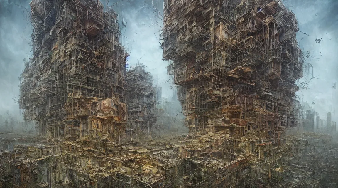 Image similar to Very very very very highly detailed epic photo, post apocalyptic city buildings, by Vladimir Manyukhin, by Simon Stålenhag, by Zdzisław Beksiński, by Guido Borelli, by Nathan Walsh, by Peter Gric, Wild vegetation, mold, deviantart, trending on artstation, Photorealistic, Incredible Depth, vivid colors, polychromatic, glowing neon, HDR Unreal Engine 64 megapixels IMAX Terragen 4.0, 8k resolution concept art filmic complex utopian mysterious moody futuristic