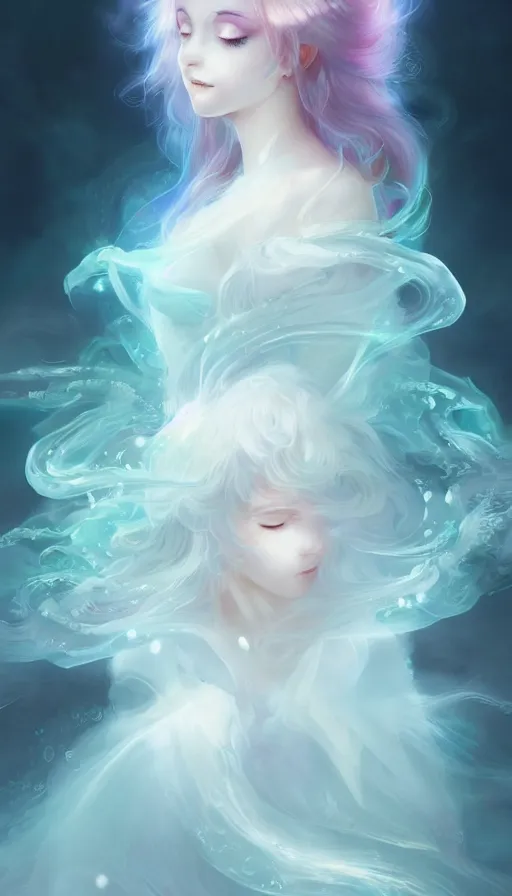 Image similar to portrait of magical ghost girl, ethereal , cloudy, transparaît, gradient white cyan, dreamy and ethereal, (colour) eyes, peaceful expression, ornate frilly dress, fantasy, intricate, elegant, rainbow bubbles, highly detailed, digital painting, artstation, concept art, smooth, sharp focus, illustration, art by artgerm and greg rutkowski and alphonse mucha