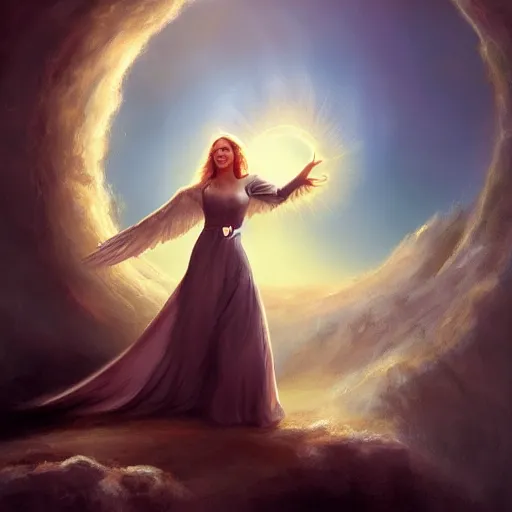 Prompt: a painting of an angel, a young woman with long blond hair and a halo smiling in heaven, jessica rossier