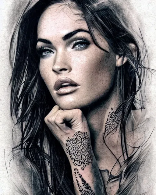 Image similar to amazing double exposure effect tattoo design sketch of megan fox with beautiful mountains, realism tattoo, in the style of andrey lukovnikov, amazing detail, sharp