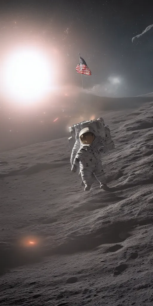 Prompt: concept art, an american astronaut landing on the moon, backlight, f 3 2, high detail, octane rendering, unreal engine.