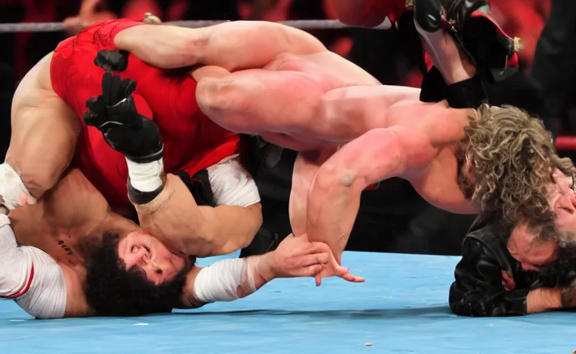 Image similar to Karl Marx performing german suplex on Friedrich Nietsche in 2014 WWE championship match, sports photo, Canon EOS 5D Mark 2, ƒ/5.6, focal length: 160.0 mm, Exposure time: 1/160, ISO: 1600