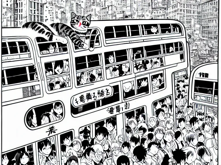 Image similar to Cat used as a bus in a busy city center, people on the bus, crowded, in the style of Manga, Eichiro Oda, hyper detailed