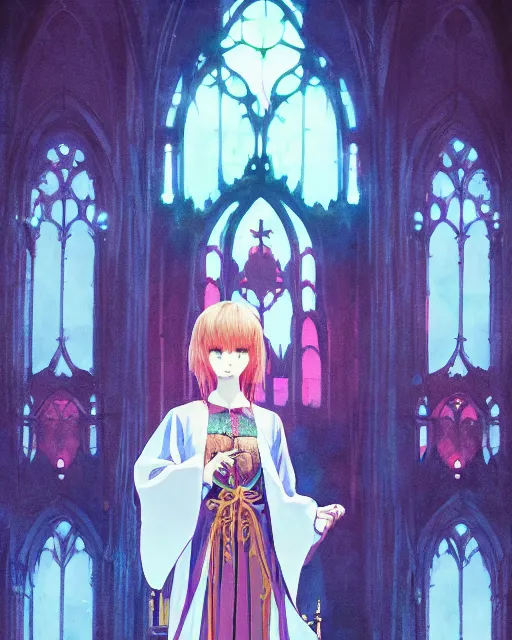 Image similar to Cute young girl in Ornate magical robe in the Gothic and fantasy Church,Neon light edge,dark,mist, mystery,Cybernetic, sci-fi,by Studio Ghibli,Ilya Kuvshinov,Ayami Kojima,Ohara Koson