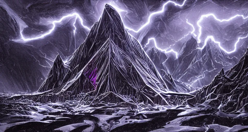 Prompt: black lovecraftian eldritch!! obsidian covered in etching pyramid!! purple light beams on a snowy mountain, being found by explorers, snowy, windy, by eugene von guerard, ivan shishkin, night, lightning!!, storm!, dramatic lighting, concept art, trending on artstation, 8 k