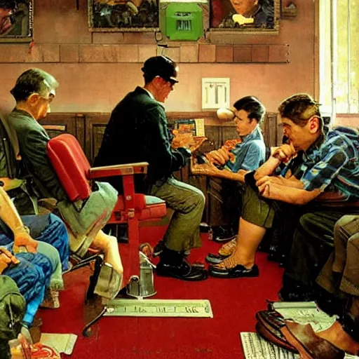 Image similar to Seminar on how to play video games. Painting by Norman Rockwell.
