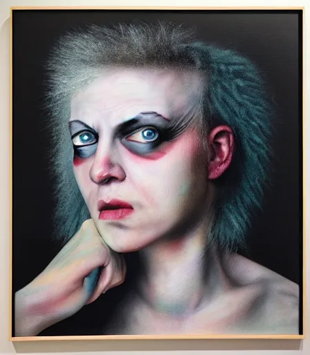 Image similar to a high quality, high detail, portrait of a punk rocker woman by gottfried helnwein