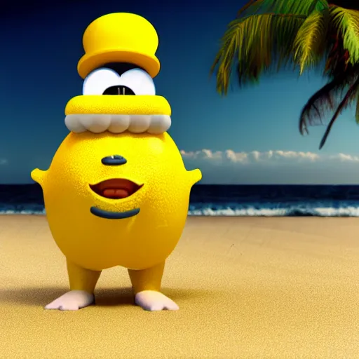 Image similar to 3 d octane render, of an anthropomorphic lemon character, with lemon skin texture, it is wearing a hat and scuba diving suit, building a sandcastle on the beach at sunset, beach, huge waves, sun, clouds, long violet and green trees, rim light, cinematic photography, professional, sand, sandcastle, volumetric lightening