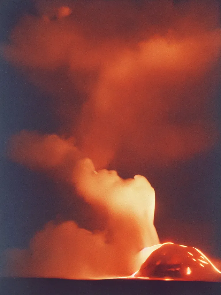 Image similar to An Icelandic Volcano violently spewing a rocket of lava into space, dark background, photograph by William Eggleston