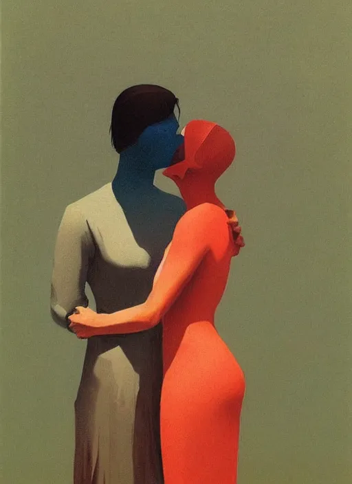 Image similar to kissing women paper bag over the head and a sward Edward Hopper and James Gilleard, Zdzislaw Beksinski, highly detailed