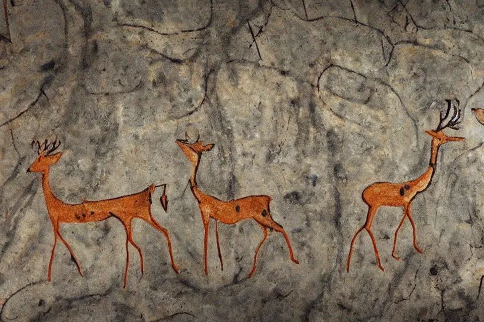Prompt: a cave painting of a deer and a robot. lascaux cave paintings, cahuvet