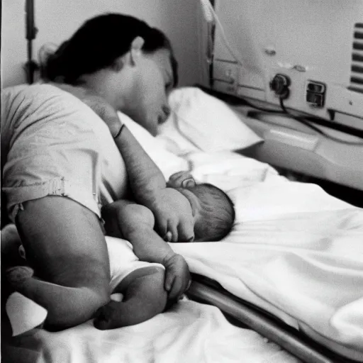 Prompt: A baby lies on his stomach in a hospital bed in 1971. Kodak ektachrome.