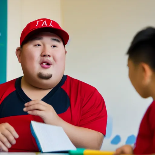 Prompt: fat kazakh guy in a red baseball cap teaching kids in school