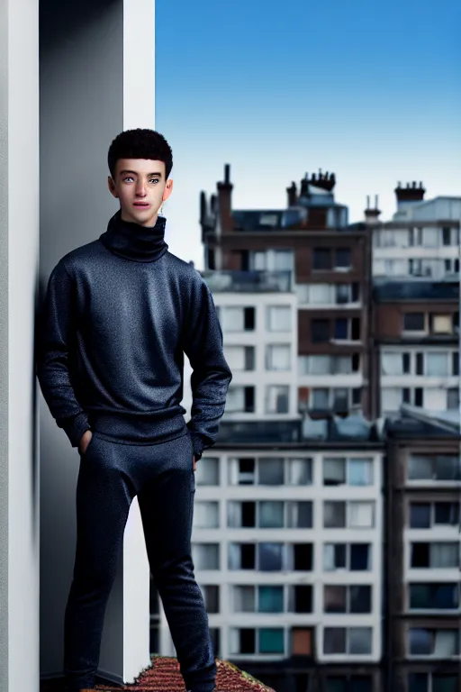 Image similar to un ultra high definition studio quality photographic art portrait of a young man standing on the rooftop of a british apartment building wearing soft padded silver pearlescent clothing. three point light. extremely detailed. golden ratio, ray tracing, volumetric light, shallow depth of field. set dressed.