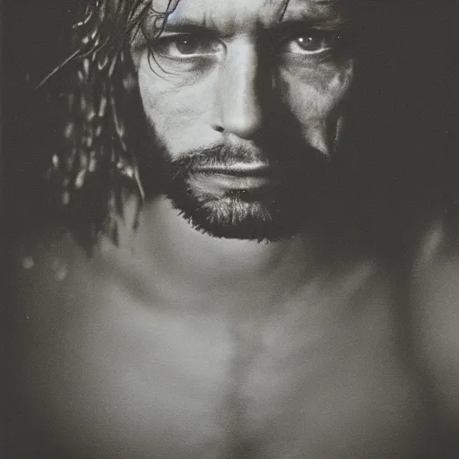 Prompt: portrait, extreme close up, sepia, beautiful light - randy savage, wet hair, stares at the camera, night sky, stars, bruce gilden, leica s, fuji 8 0 0, grainy, low light